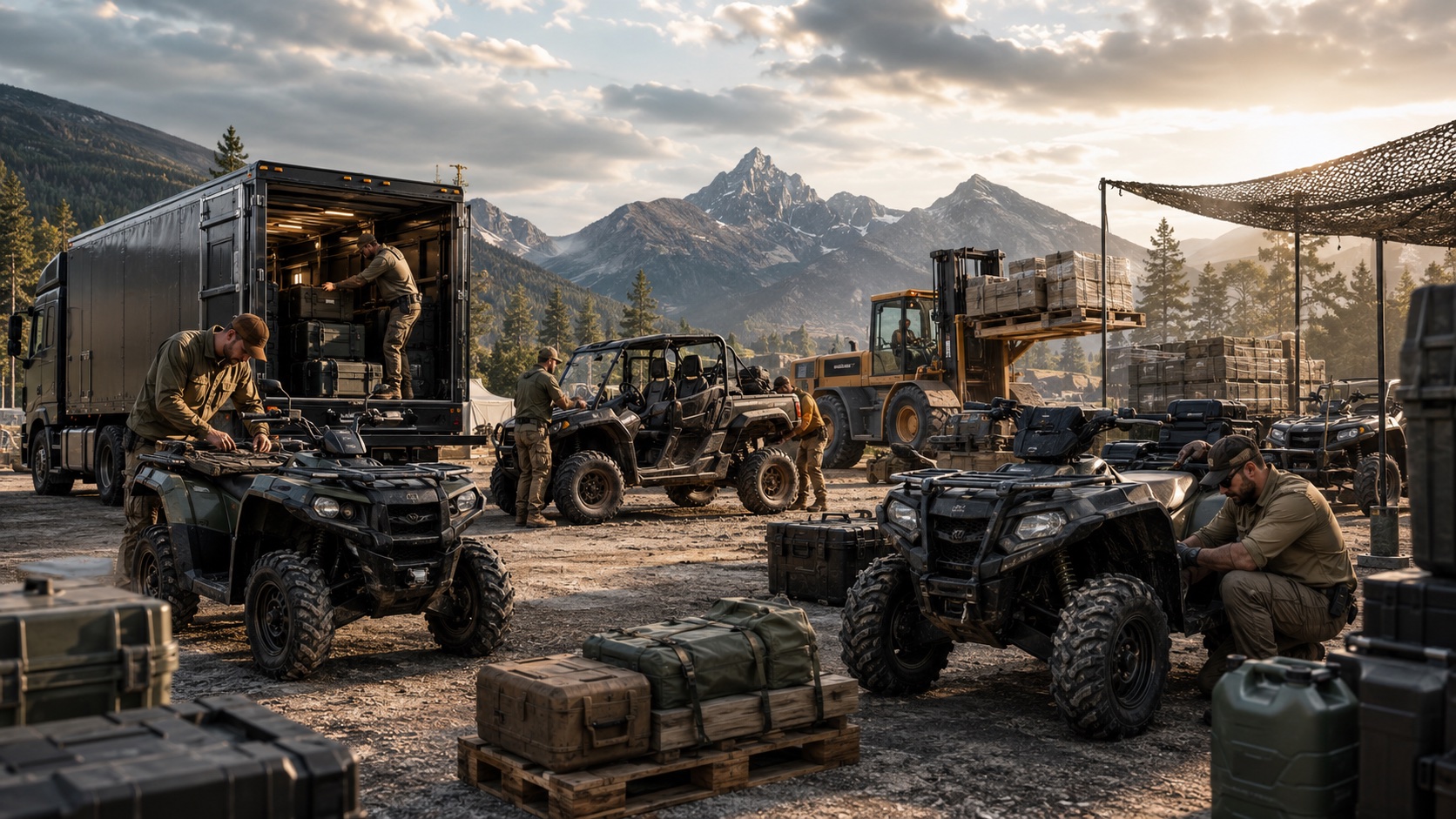 Field operations team working with all-terrain vehicles, a transport truck, and heavy equipment